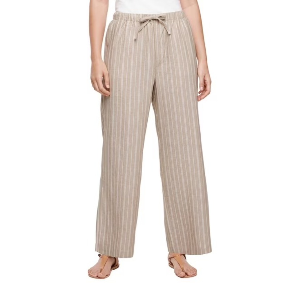 Gap Womens Linen Blend Pull-On Pant XL Khaki Striped Wide Leg Pockets NWT